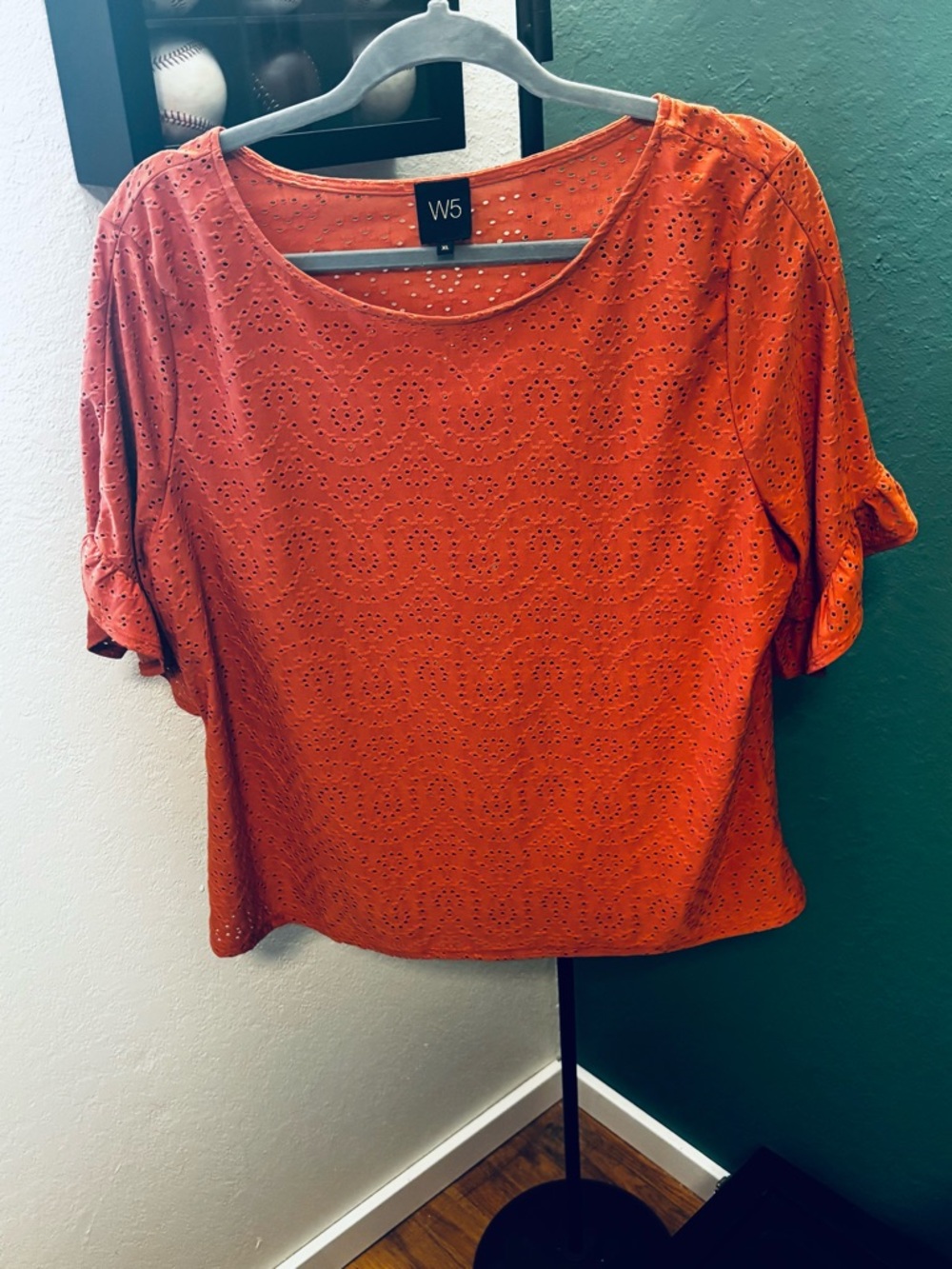 Super cute! W5 Women's Eyelet Short Sleeve Blouse in Rust Orange